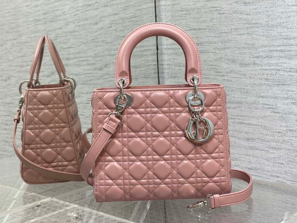 Dior M0565 Medium Lady Dior Bag  Blush Cannage Lambskin Silver