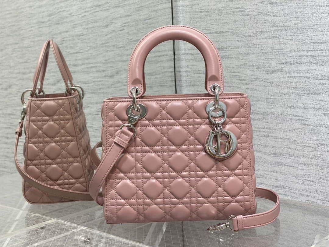 Dior M0565 Medium Lady Dior Bag  Blush Cannage Lambskin Silver