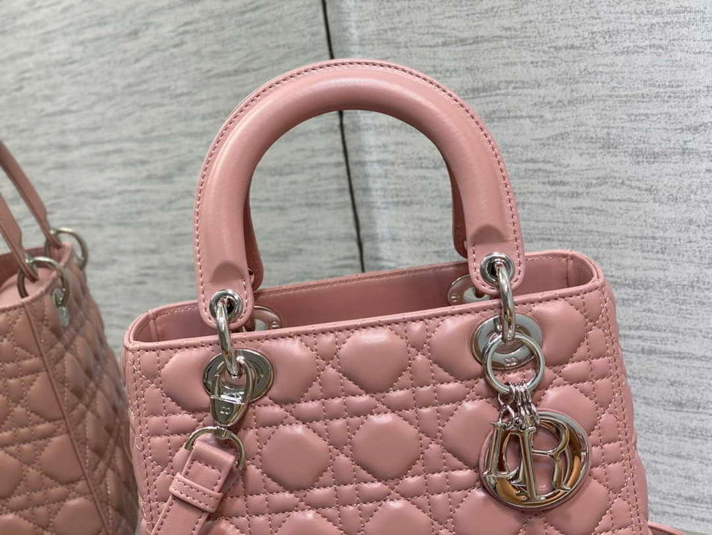 Dior M0565 Medium Lady Dior Bag  Blush Cannage Lambskin Silver