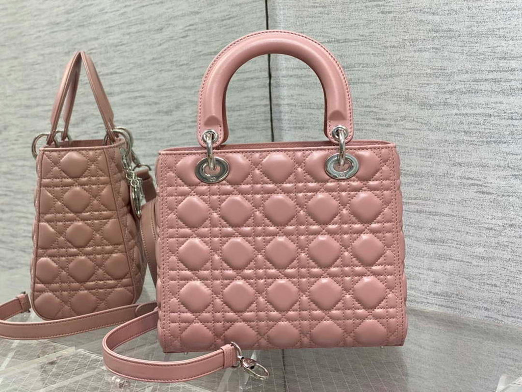 Dior M0565 Medium Lady Dior Bag  Blush Cannage Lambskin Silver