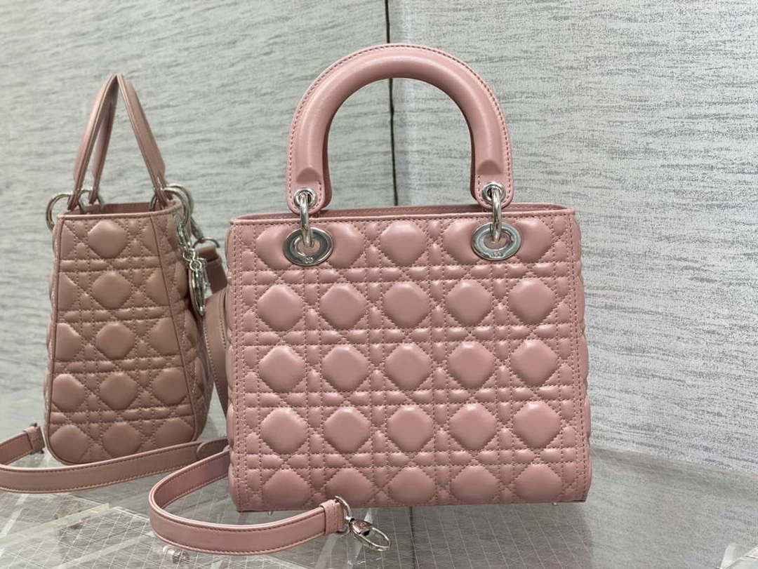 Dior M0565 Medium Lady Dior Bag  Blush Cannage Lambskin Silver