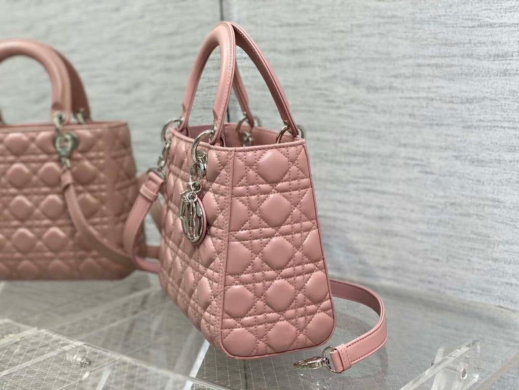 Dior M0565 Medium Lady Dior Bag  Blush Cannage Lambskin Silver