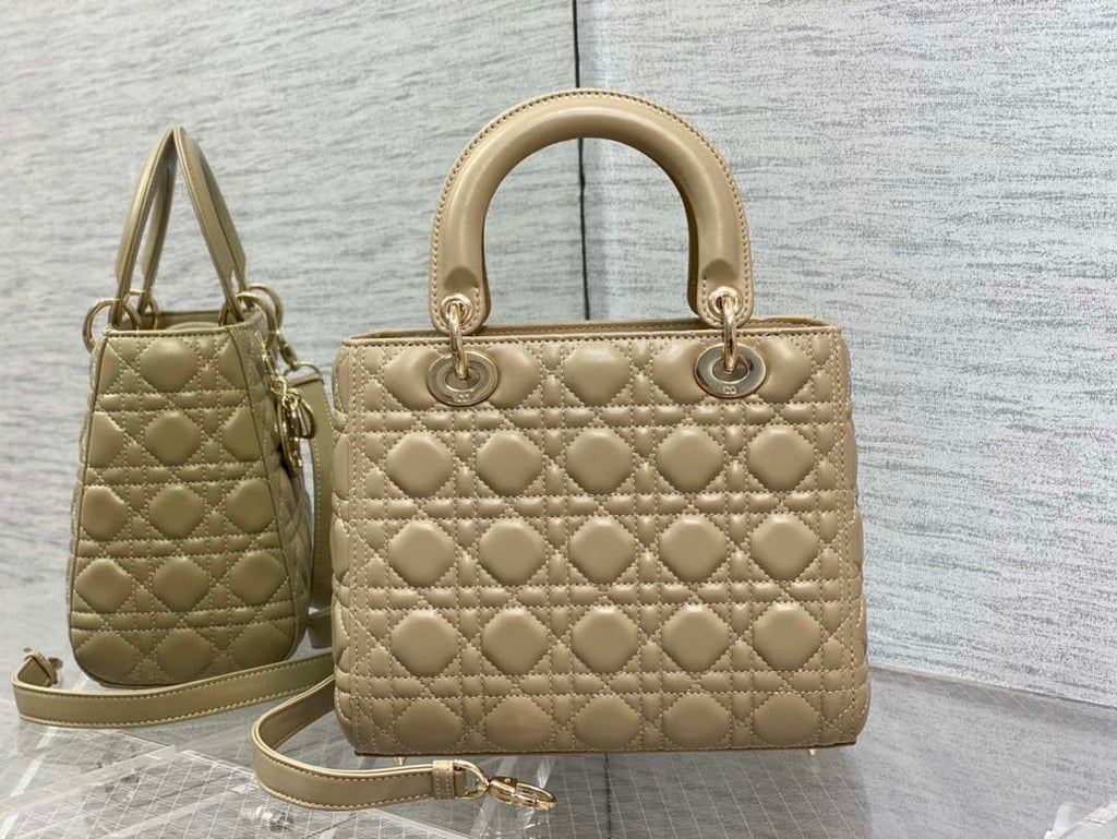 Dior M0565 Medium Lady Dior Bag Mike Tea Cannage Lambskin Enamel Hardware