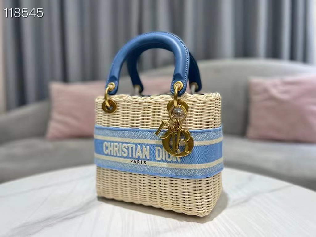 Dior M0565 Medium Lady Dior Bag Natural Wicker Blue