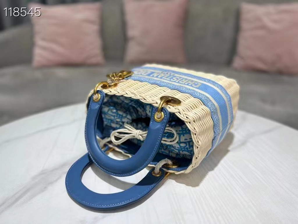 Dior M0565 Medium Lady Dior Bag Natural Wicker Blue