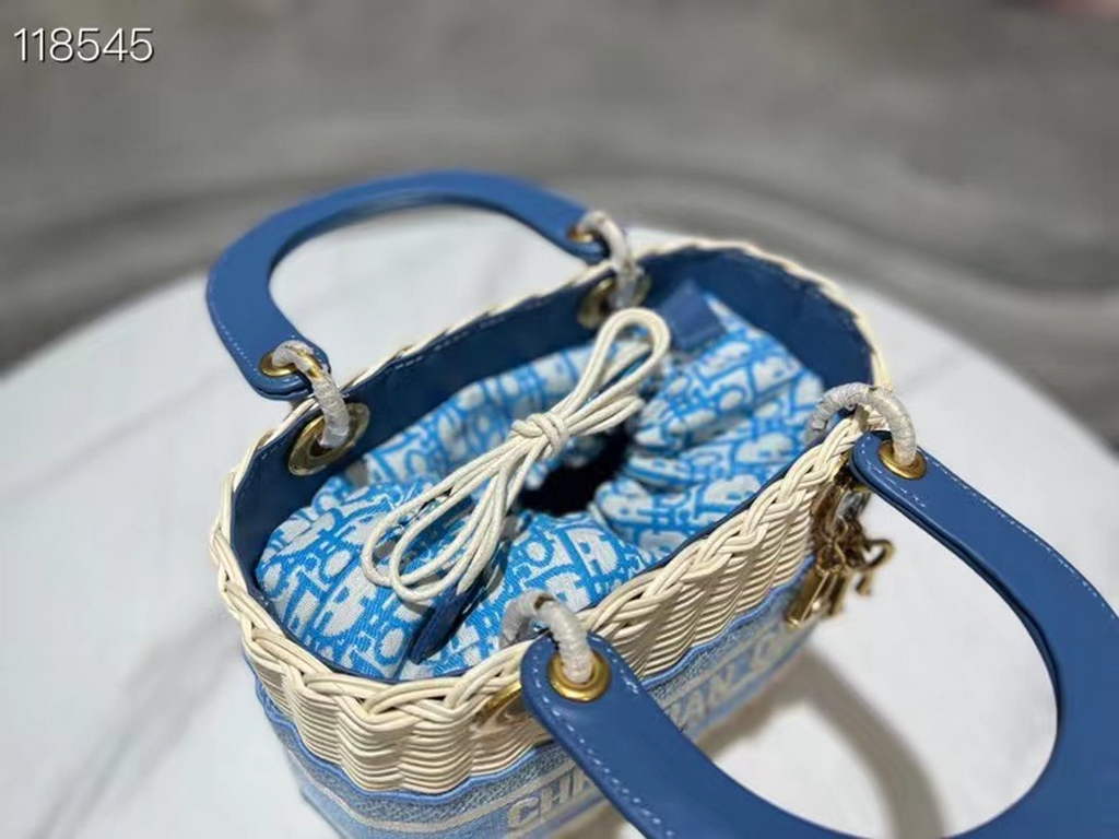 Dior M0565 Medium Lady Dior Bag Natural Wicker Blue