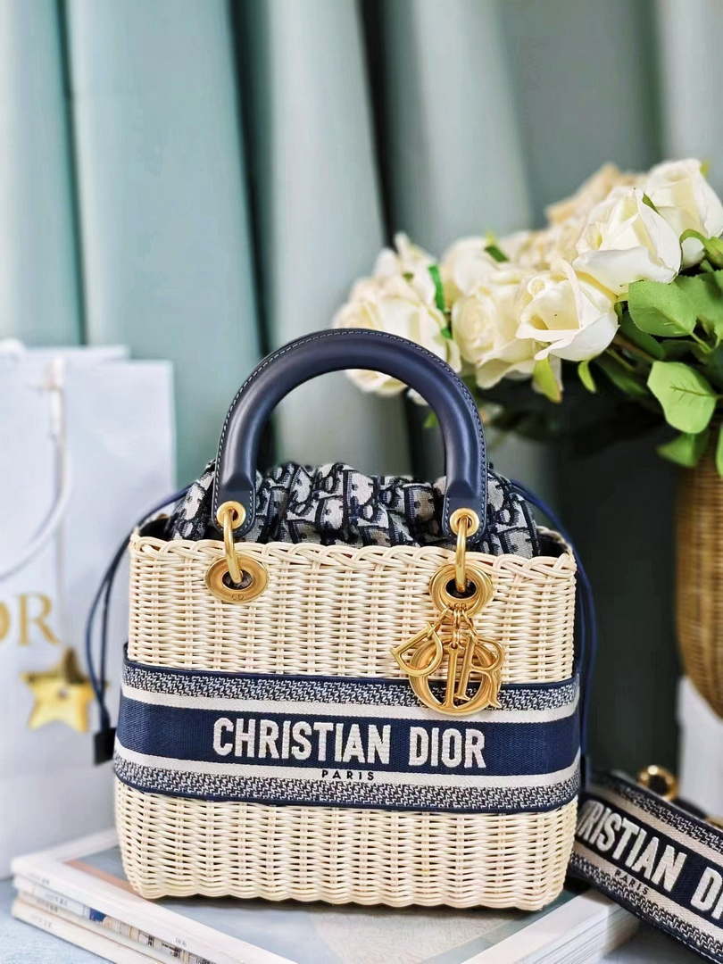Dior M0565 Medium Lady Dior Bag Natural Wicker Navy Blue Dior Oblique Jacquard - Default Title - View 2