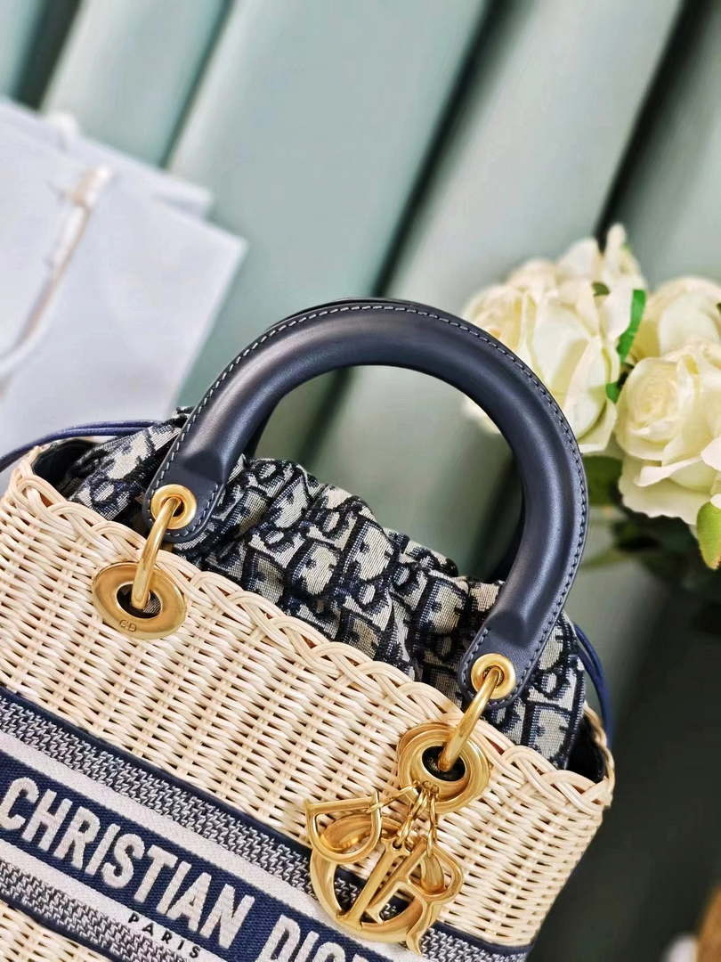 Dior M0565 Medium Lady Dior Bag Natural Wicker Navy Blue Dior Oblique Jacquard - Default Title - View 3