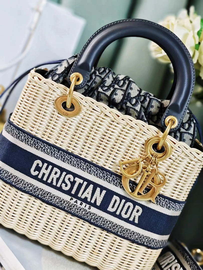 Dior M0565 Medium Lady Dior Bag Natural Wicker Navy Blue Dior Oblique Jacquard