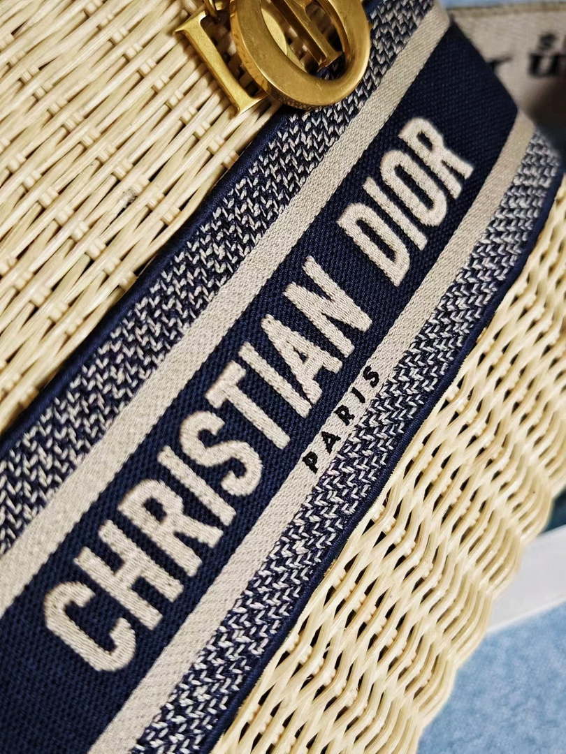 Dior M0565 Medium Lady Dior Bag Natural Wicker Navy Blue Dior Oblique Jacquard - Default Title - View 5