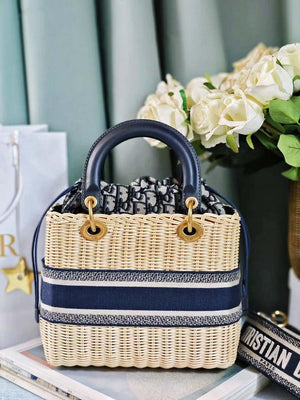 Dior M0565 Medium Lady Dior Bag Natural Wicker Navy Blue Dior Oblique Jacquard - Default Title - View 6