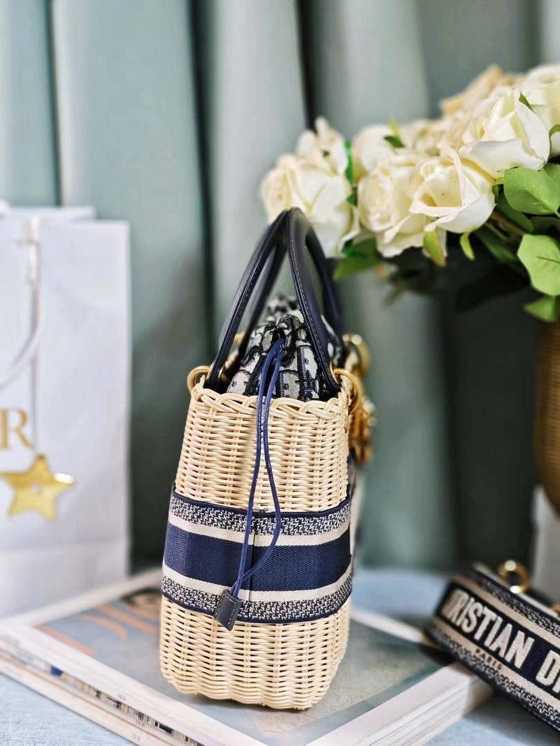 Dior M0565 Medium Lady Dior Bag Natural Wicker Navy Blue Dior Oblique Jacquard