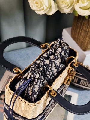 Dior M0565 Medium Lady Dior Bag Natural Wicker Navy Blue Dior Oblique Jacquard - Default Title - View 9