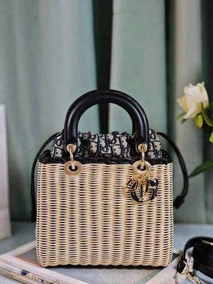 Dior M0565 Medium Lady Dior Bag Natural Wicker with Navy Blue - Default Title - View 1