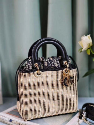 Dior M0565 Medium Lady Dior Bag Natural Wicker with Navy Blue - Default Title - View 4
