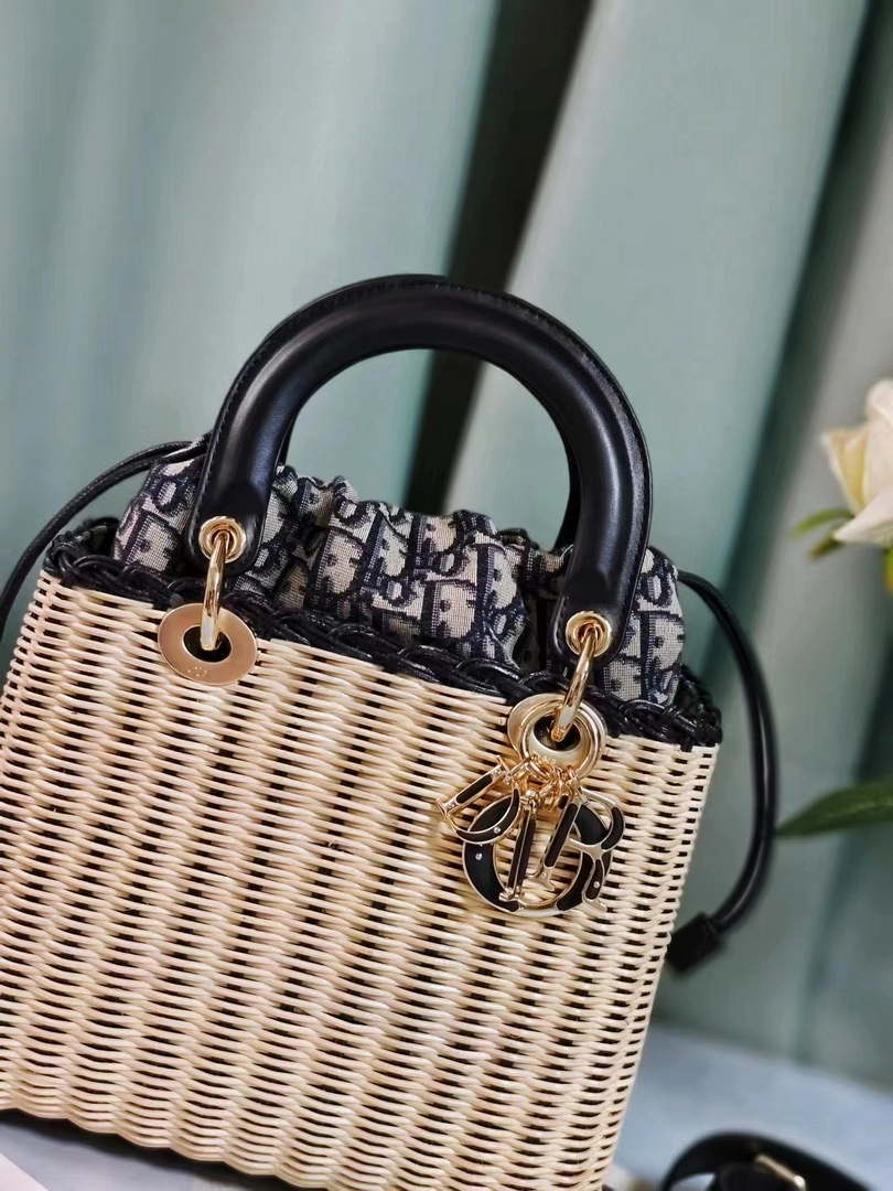 Dior M0565 Medium Lady Dior Bag Natural Wicker with Navy Blue