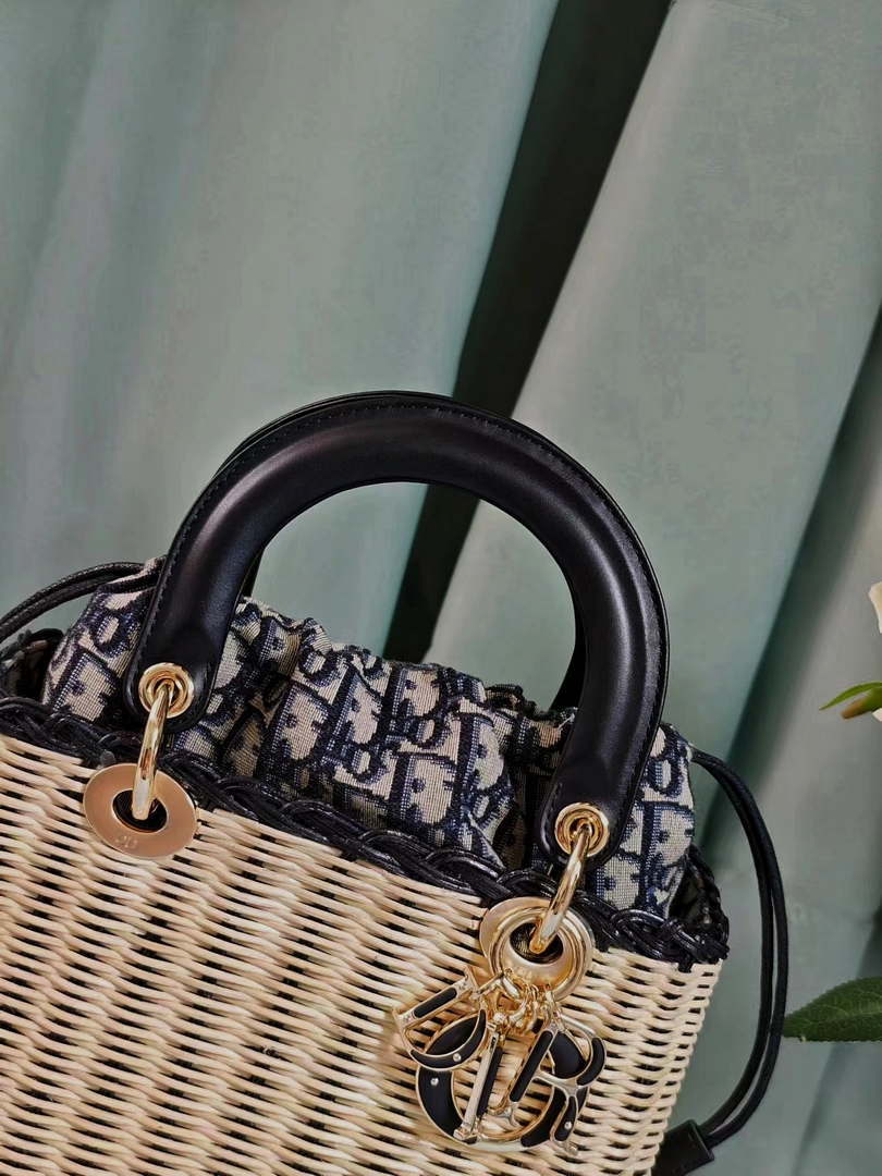 Dior M0565 Medium Lady Dior Bag Natural Wicker with Navy Blue