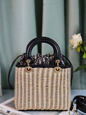 Dior M0565 Medium Lady Dior Bag Natural Wicker with Navy Blue - Default Title - View 7