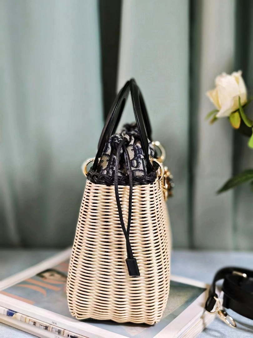 Dior M0565 Medium Lady Dior Bag Natural Wicker with Navy Blue