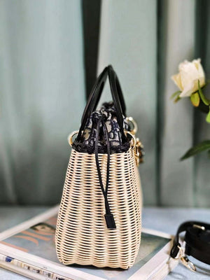 Dior M0565 Medium Lady Dior Bag Natural Wicker with Navy Blue - Default Title - View 9