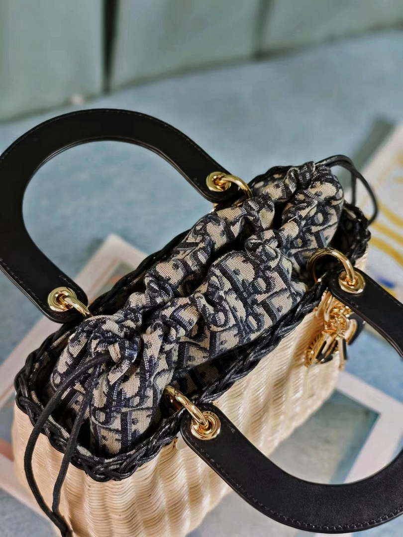 Dior M0565 Medium Lady Dior Bag Natural Wicker with Navy Blue