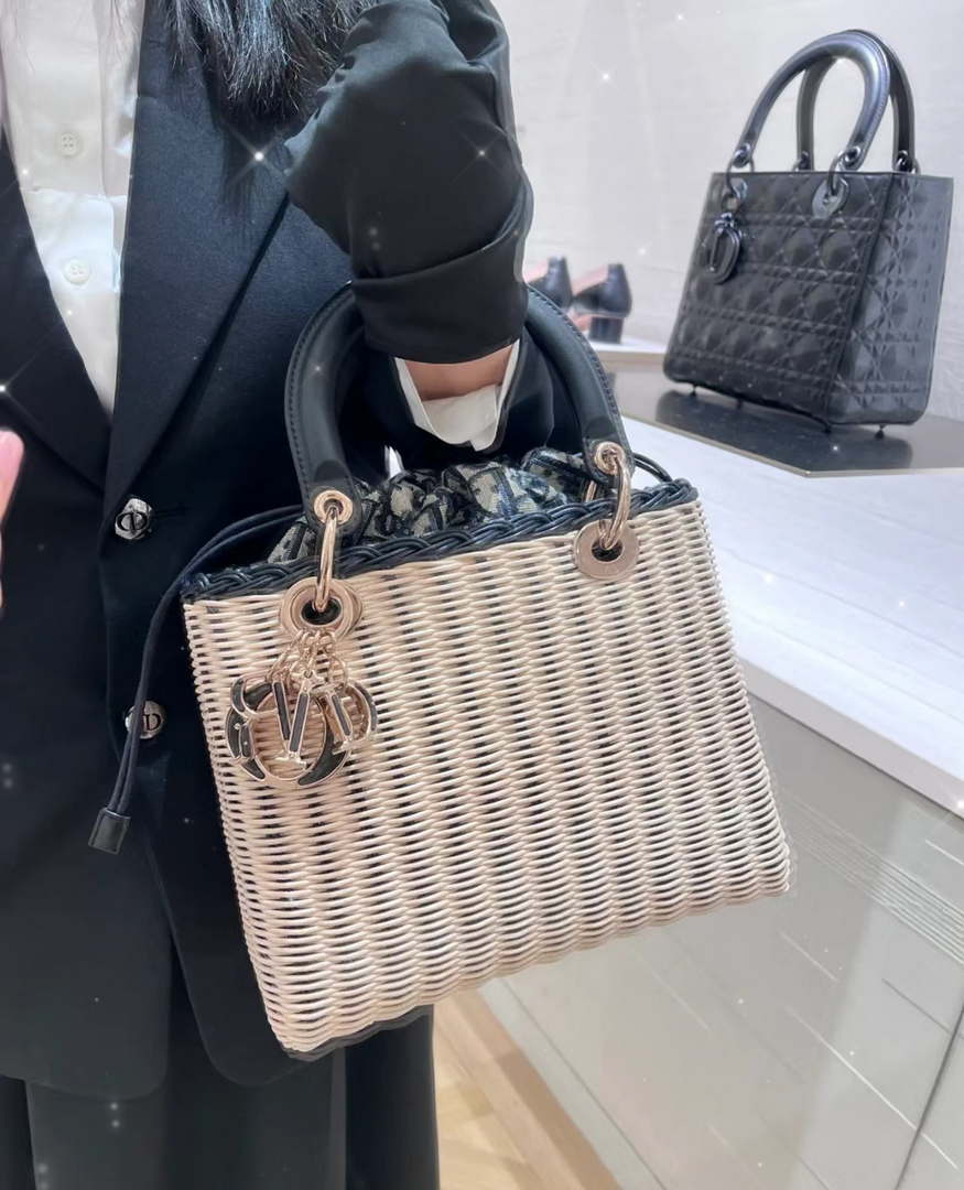 Dior M0565 Medium Lady Dior Bag Natural Wicker with Navy Blue - Default Title - View 2