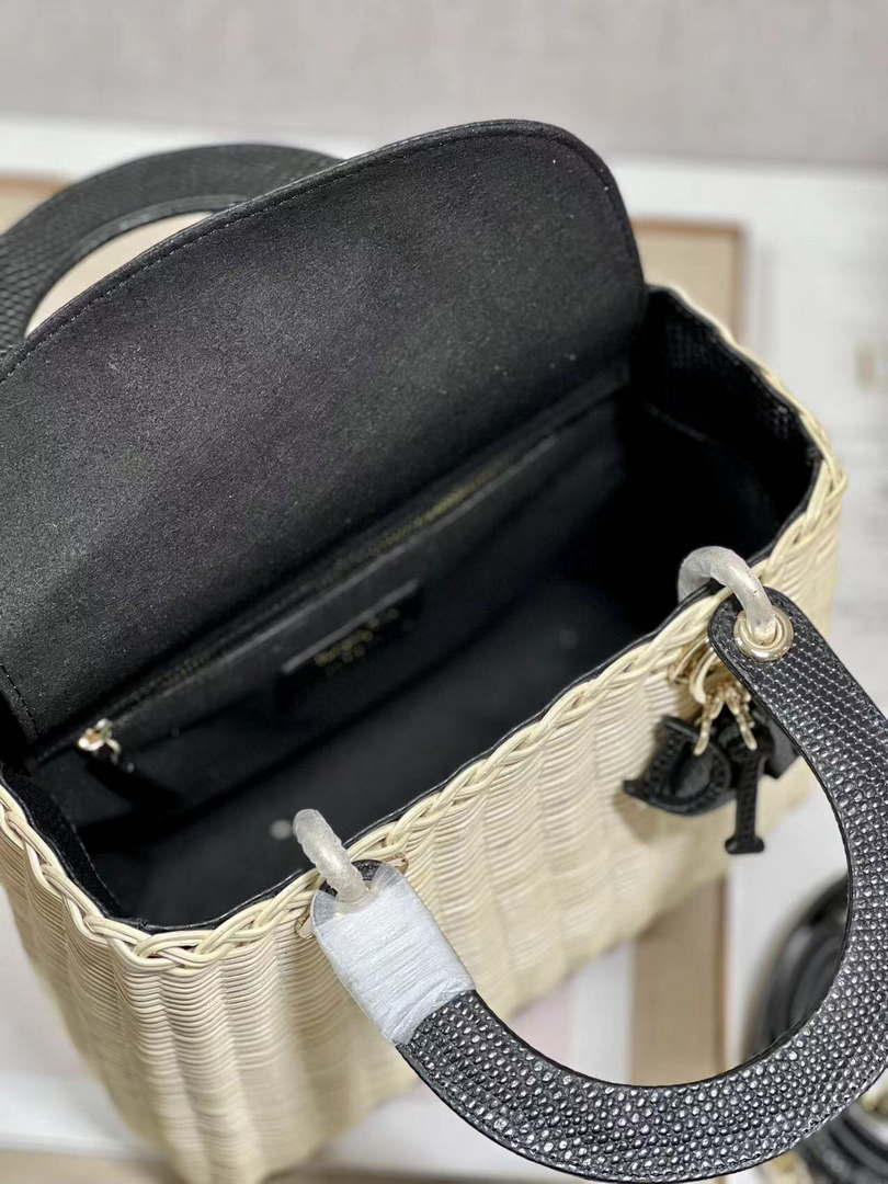 Dior M0565 Medium Lady Dior Bag Natural Wicker With Black Snake