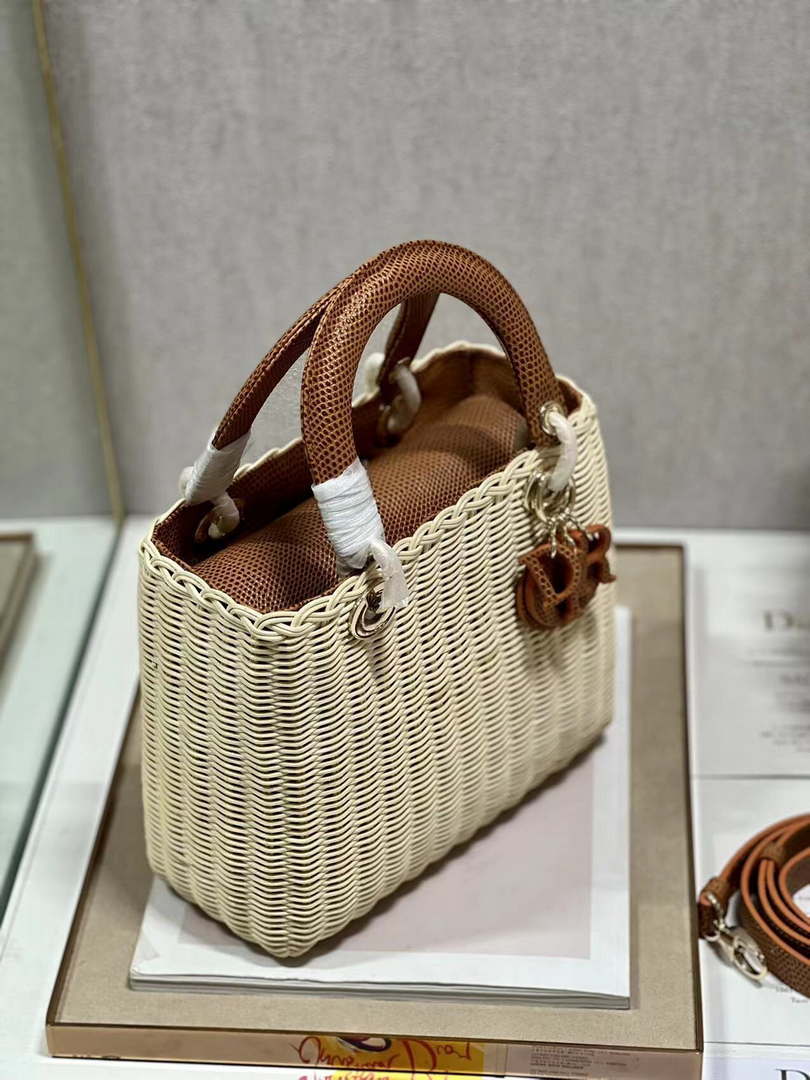 Dior M0565 Medium Lady Dior Bag Natural Wicker With Brown Snake