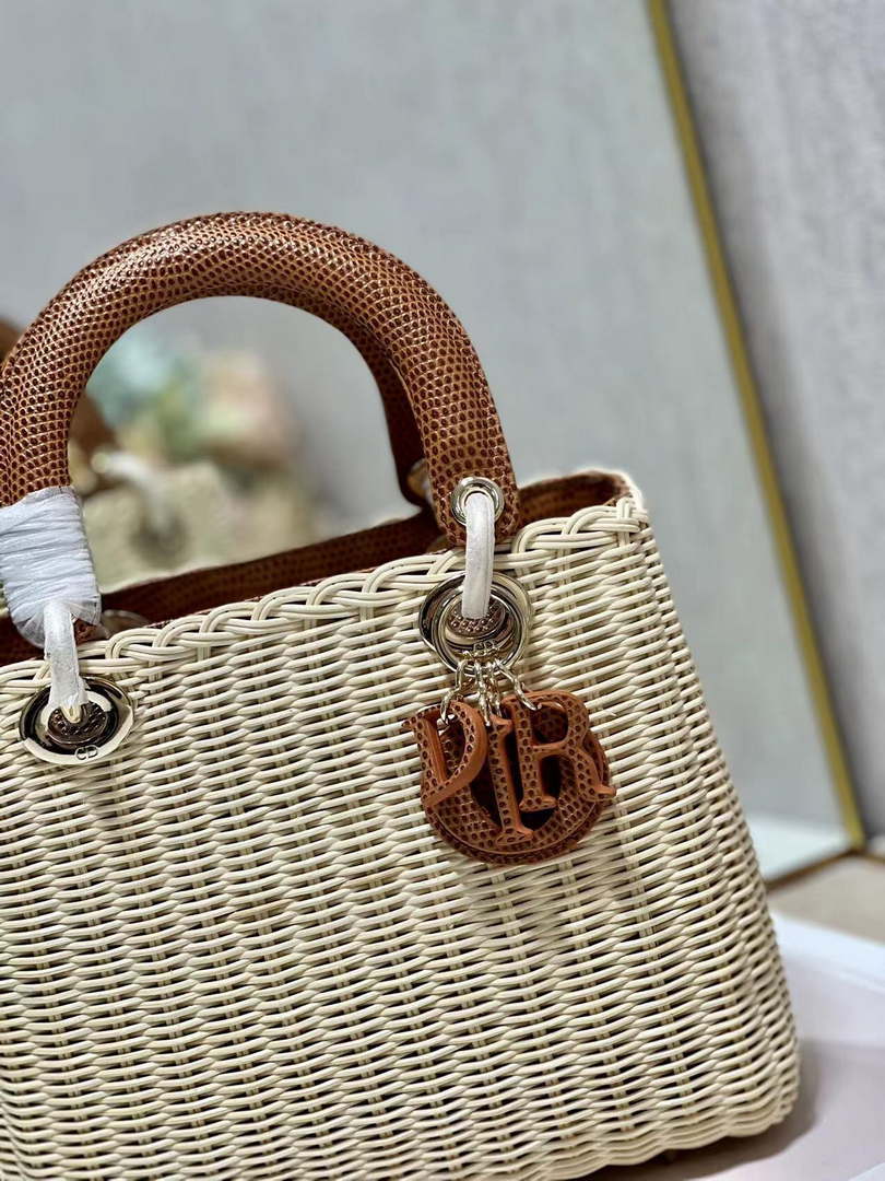 Dior M0565 Medium Lady Dior Bag Natural Wicker With Brown Snake