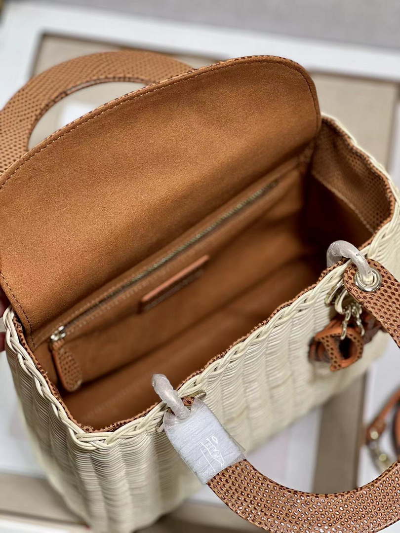 Dior M0565 Medium Lady Dior Bag Natural Wicker With Brown Snake