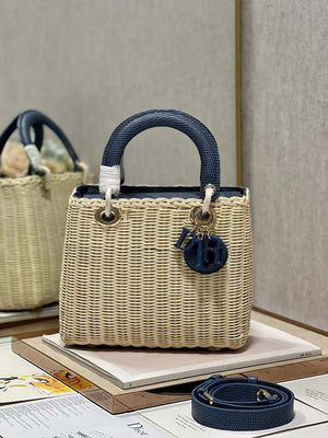 Dior M0565 Medium Lady Dior Bag Natural Wicker With Navy Blue Snake - Default Title - View 2