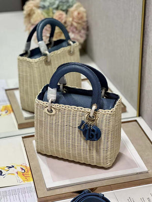 Dior M0565 Medium Lady Dior Bag Natural Wicker With Navy Blue Snake - Default Title - View 3