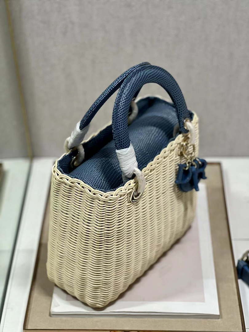 Dior M0565 Medium Lady Dior Bag Natural Wicker With Navy Blue Snake - Default Title - View 4