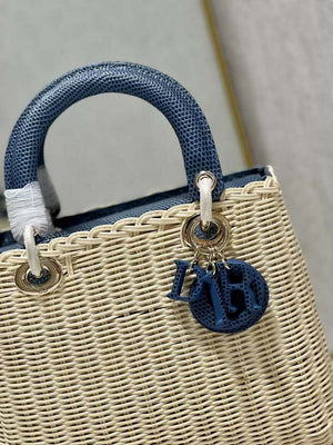 Dior M0565 Medium Lady Dior Bag Natural Wicker With Navy Blue Snake - Default Title - View 5