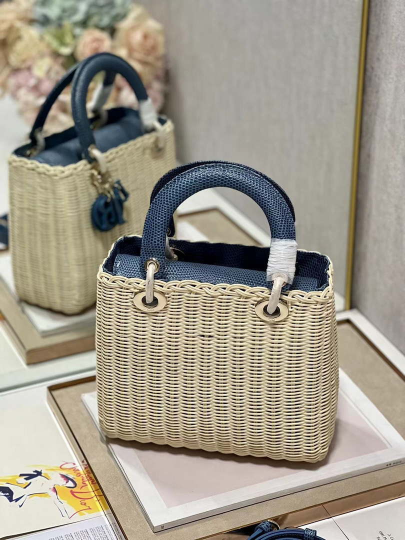 Dior M0565 Medium Lady Dior Bag Natural Wicker With Navy Blue Snake - Default Title - View 6