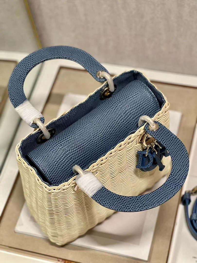Dior M0565 Medium Lady Dior Bag Natural Wicker With Navy Blue Snake