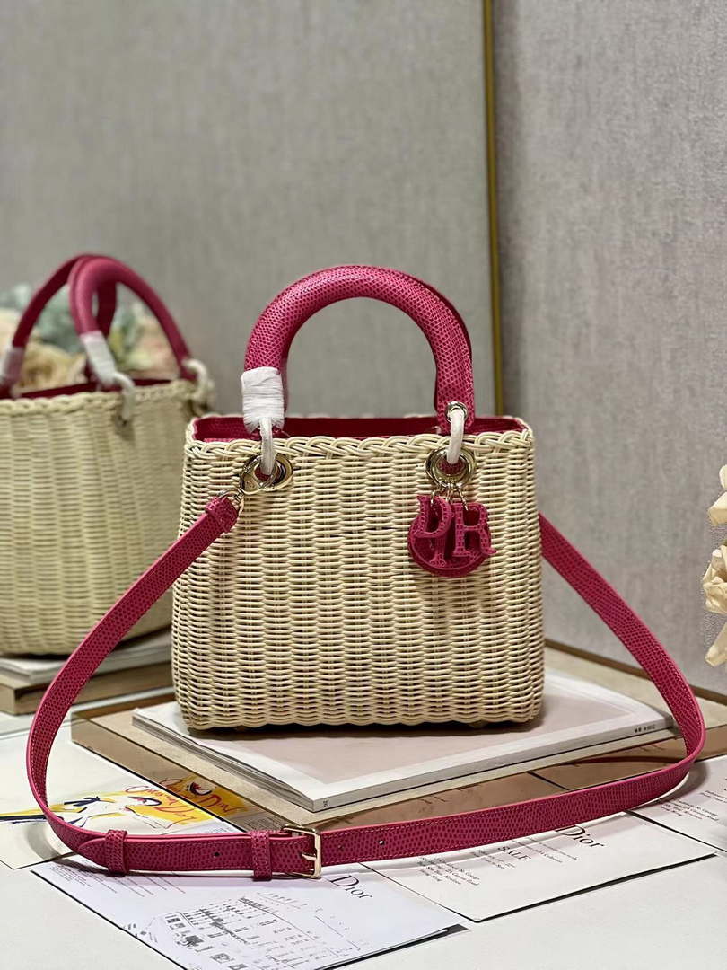 Dior M0565 Medium Lady Dior Bag Natural Wicker With Pink Snake - Default Title - View 1
