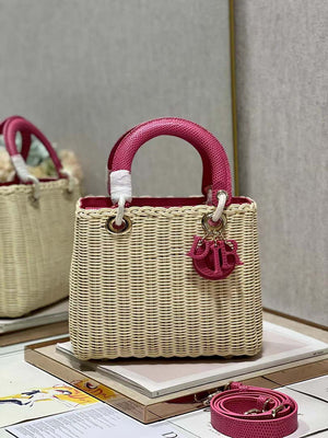 Dior M0565 Medium Lady Dior Bag Natural Wicker With Pink Snake - Default Title - View 2
