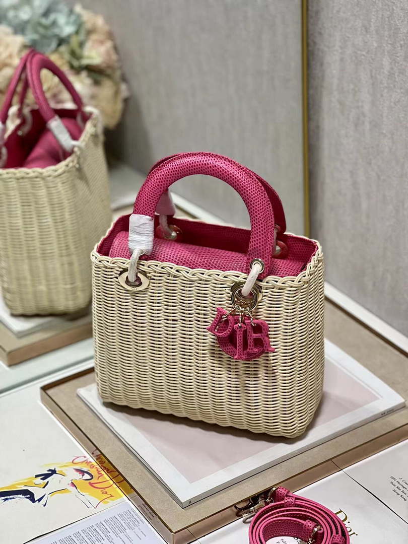 Dior M0565 Medium Lady Dior Bag Natural Wicker With Pink Snake