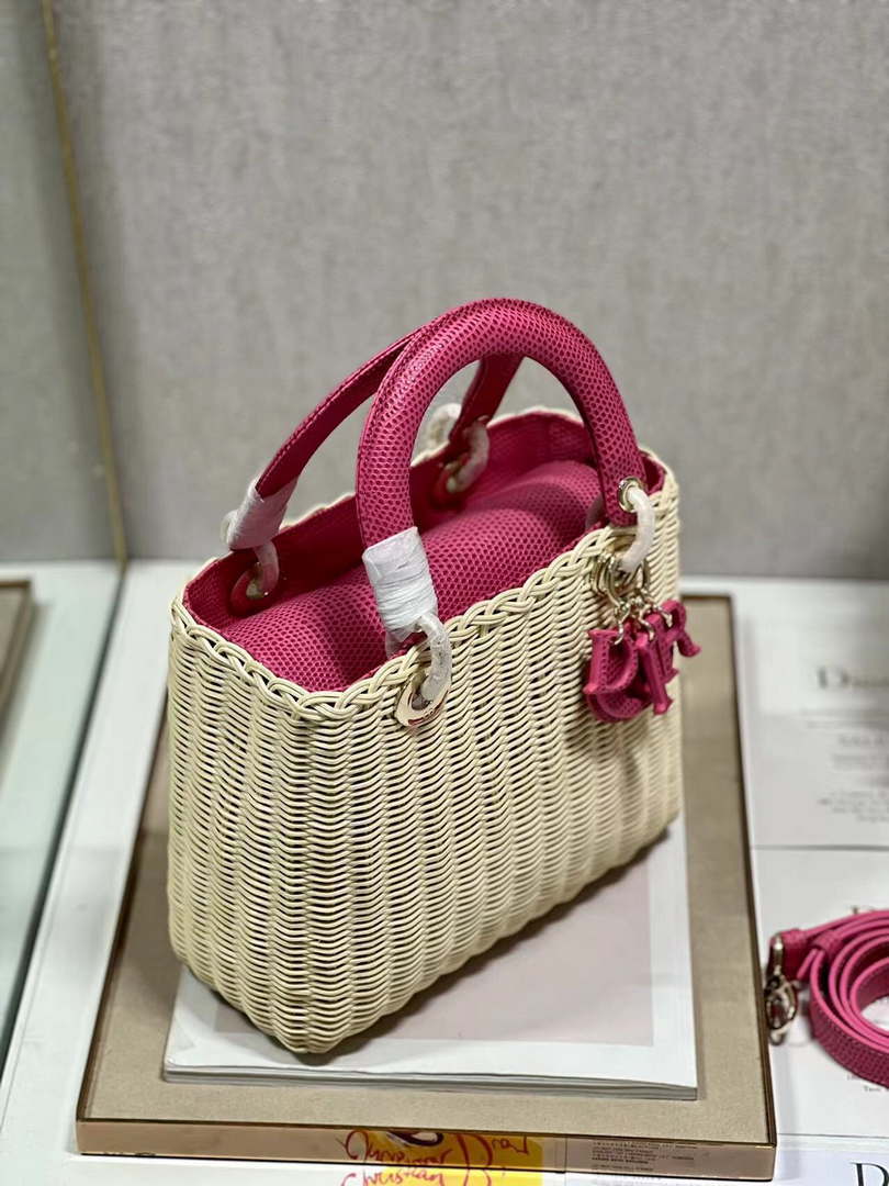 Dior M0565 Medium Lady Dior Bag Natural Wicker With Pink Snake - Default Title - View 4