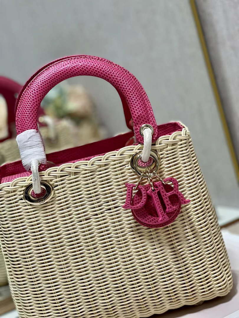 Dior M0565 Medium Lady Dior Bag Natural Wicker With Pink Snake