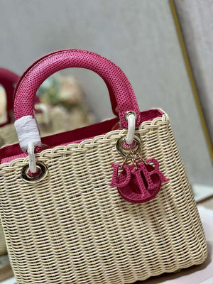 Dior M0565 Medium Lady Dior Bag Natural Wicker With Pink Snake - Default Title - View 5