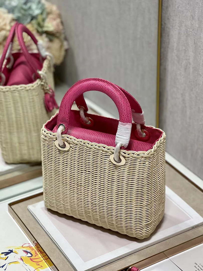 Dior M0565 Medium Lady Dior Bag Natural Wicker With Pink Snake - Default Title - View 6