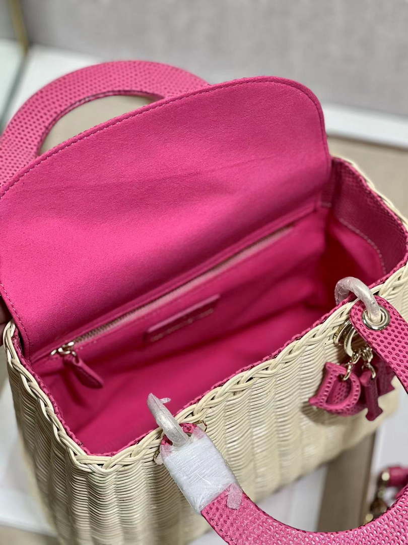 Dior M0565 Medium Lady Dior Bag Natural Wicker With Pink Snake