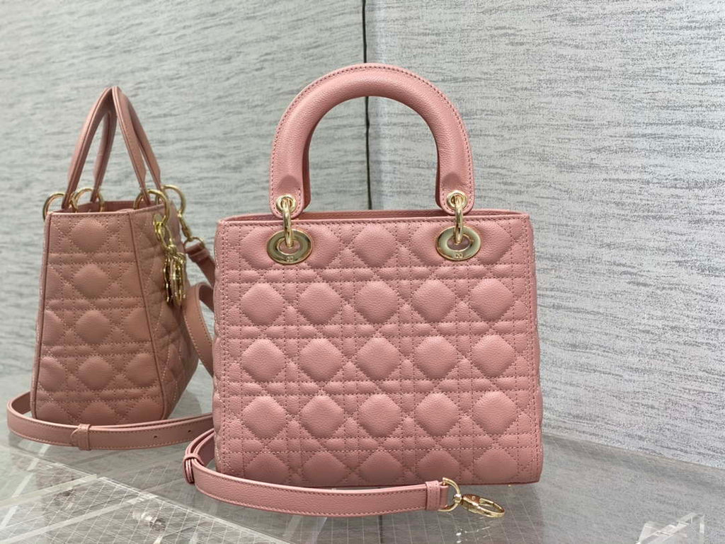 Dior M0565 Medium Lady Dior Bag Pink Grained Cannage Calfskin Gold