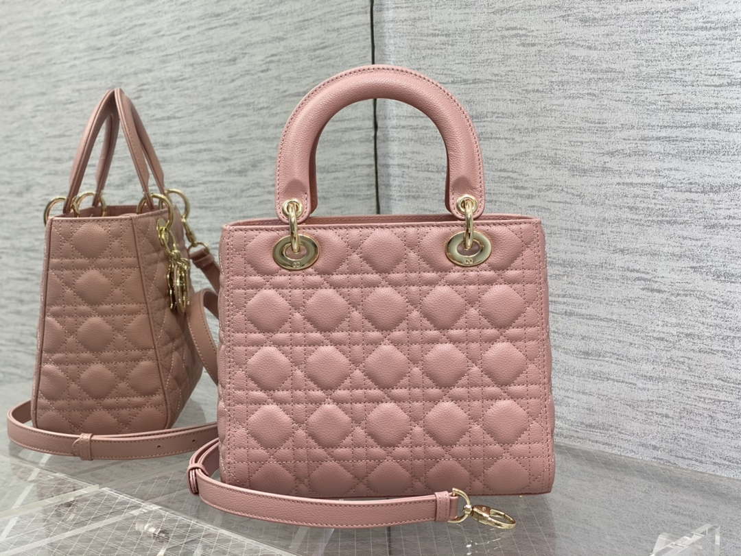 Dior M0565 Medium Lady Dior Bag Pink Grained Cannage Calfskin Gold - Default Title - View 6