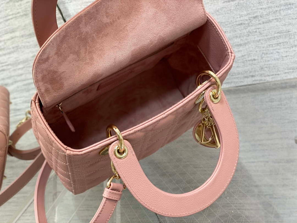 Dior M0565 Medium Lady Dior Bag Pink Grained Cannage Calfskin Gold