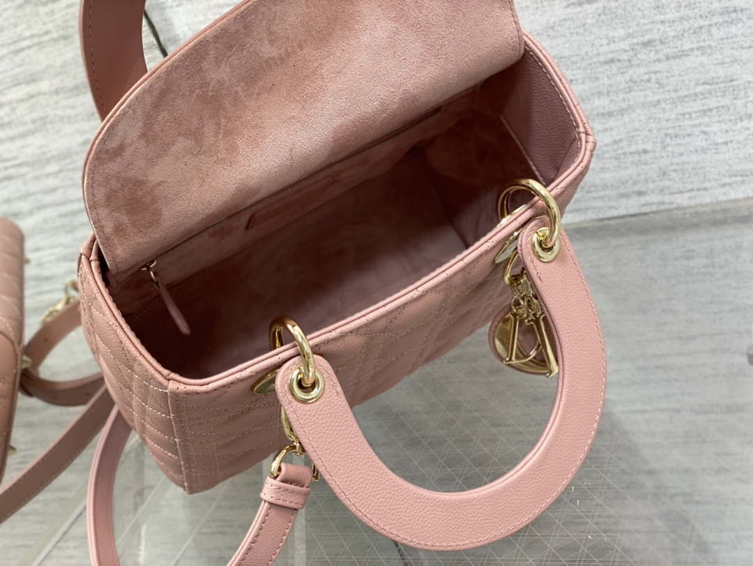 Dior M0565 Medium Lady Dior Bag Pink Grained Cannage Calfskin Gold