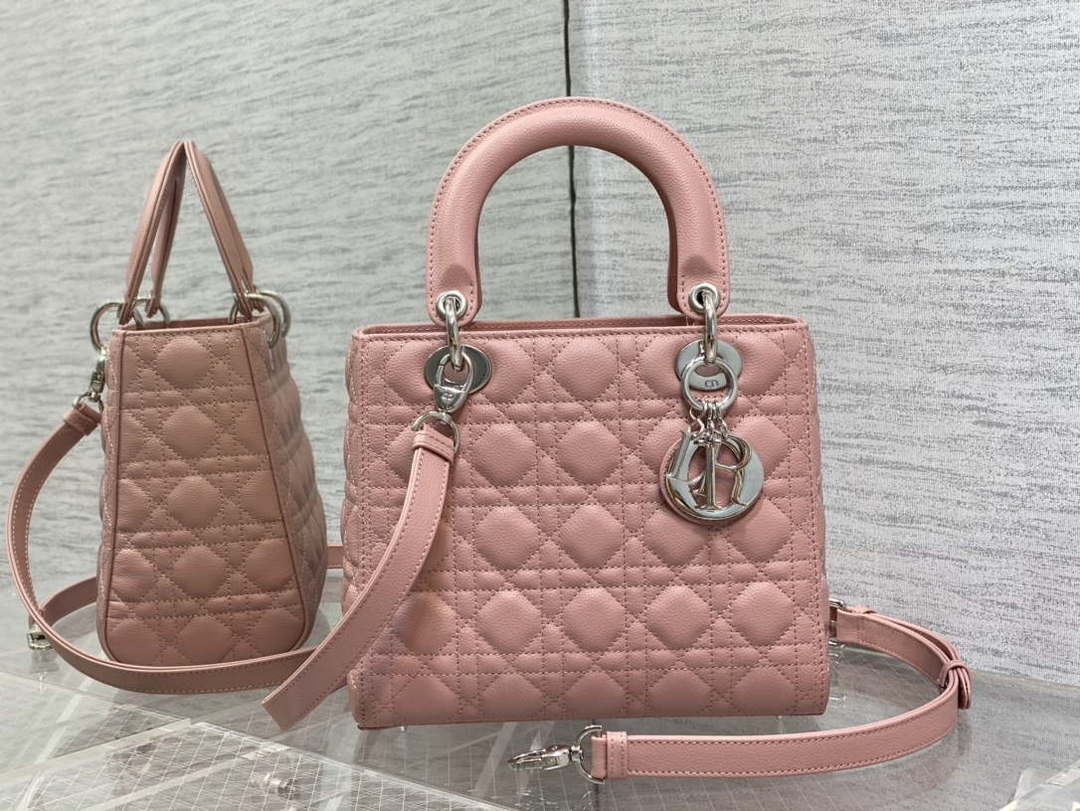 Dior M0565 Medium Lady Dior Bag Pink Grained Cannage Calfskin Silver - Default Title - View 1