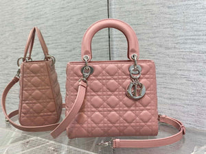 Dior M0565 Medium Lady Dior Bag Pink Grained Cannage Calfskin Silver - Default Title - View 1